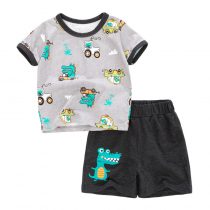 grey color car and cartoon prints Baby and Toddler T-Shirt and Mesh Shorts Set for baby boy wearing in summer day, include short sleeve T-shirt and shorts