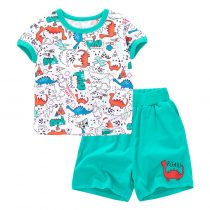 dinosaur world cartoon  prints Baby and Toddler T-Shirt  and Mesh Shorts Set for baby boy wearing in summer day, include short sleeve T-shirt and shorts in green color